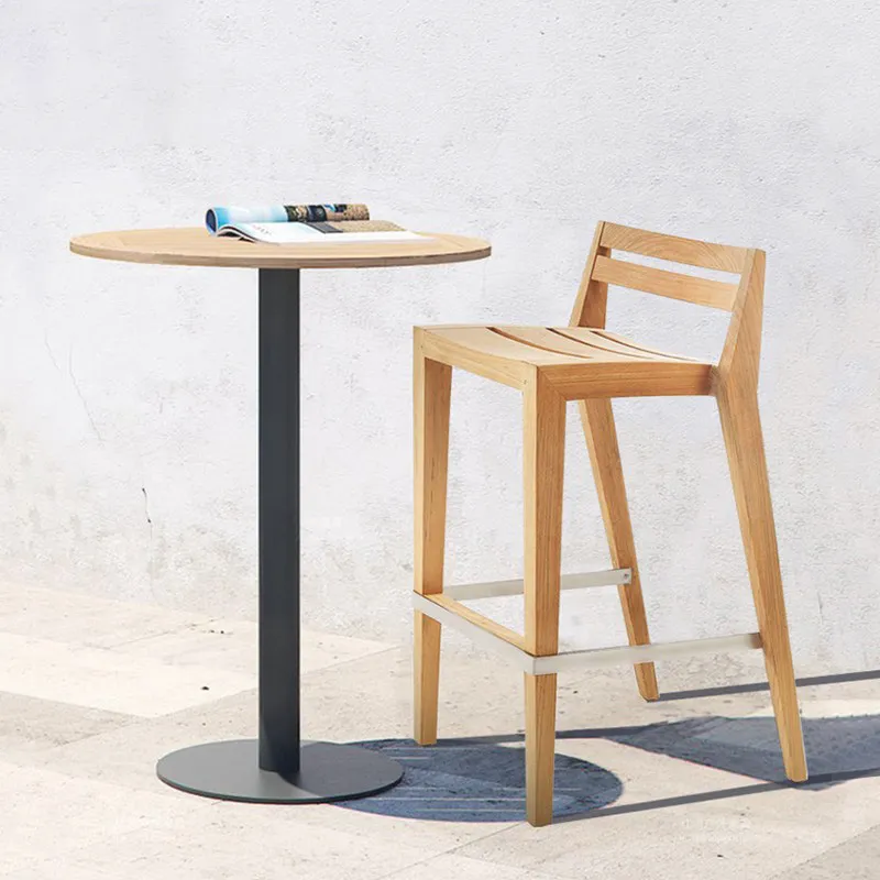 Teak Bar Chair and High Table Modern outdoor teak bar chairs with wooden frame and footrest