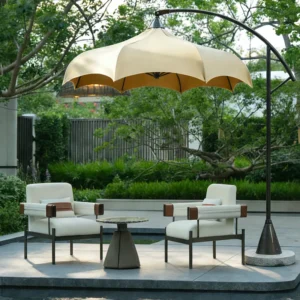 Outdoor cantilever patio umbrella with lounge chairs