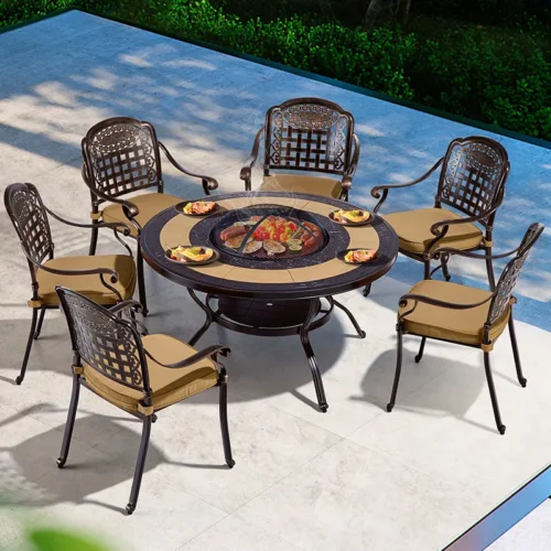 Main image-1 Outdoor cast aluminum BBQ dining set with round table and 6 chairs