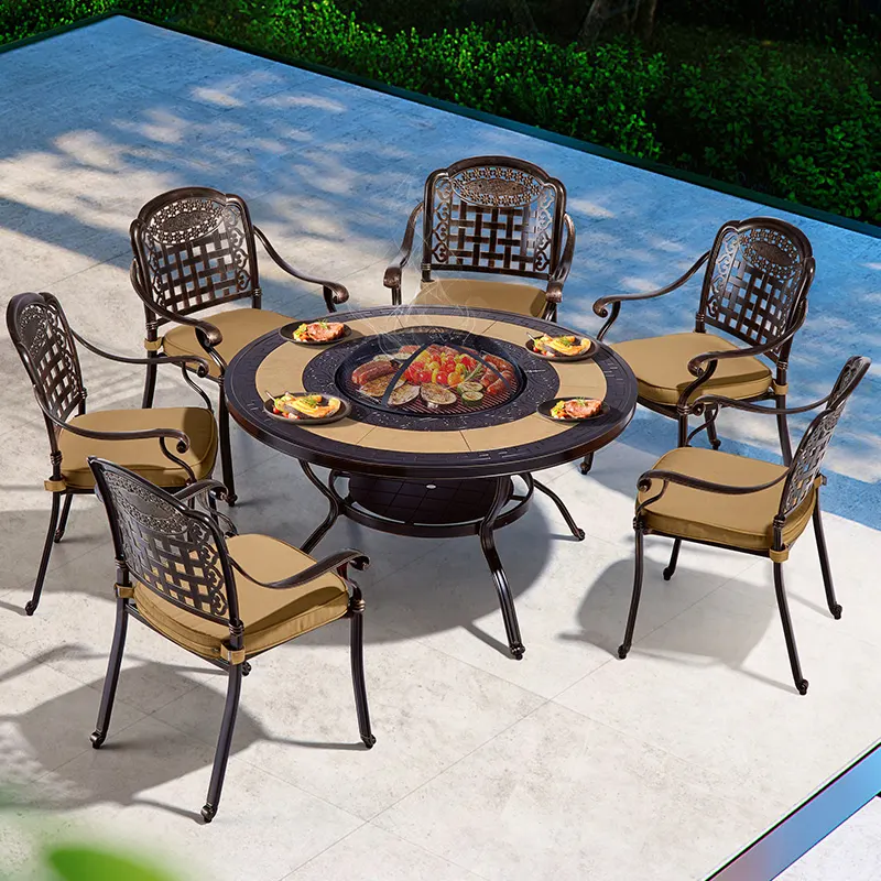 Main image-1 Outdoor cast aluminum BBQ dining set with round table and 6 chairs