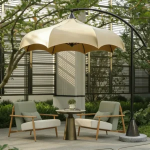 Mushroom cantilever umbrella with outdoor lounge furniture