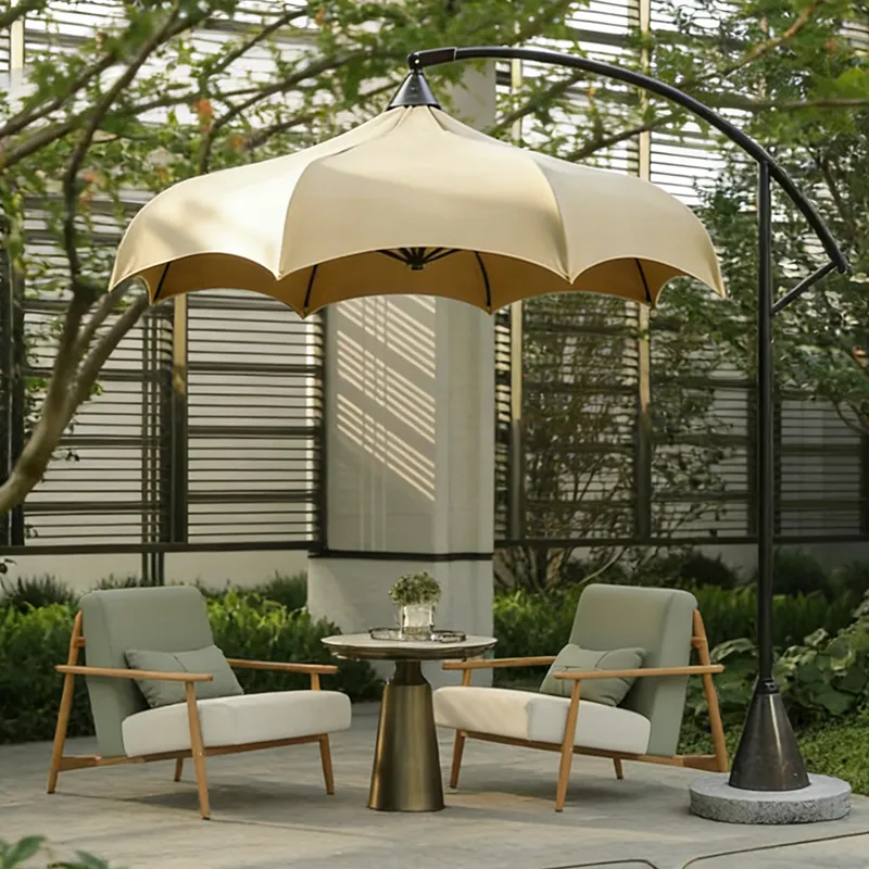 Mushroom cantilever umbrella with outdoor lounge furniture