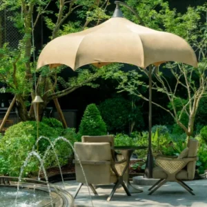 Mushroom patio umbrella in garden lounge area