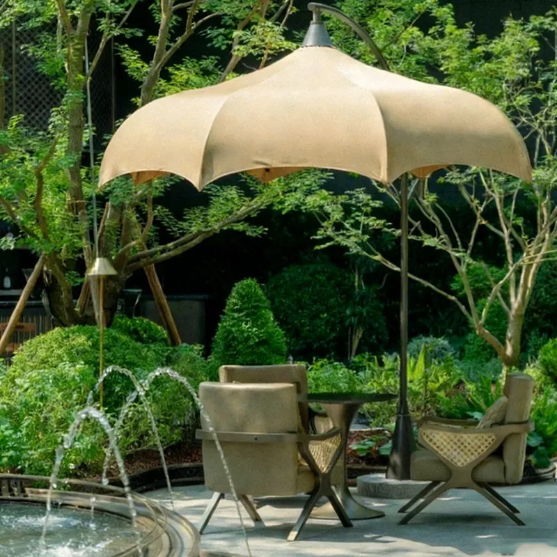 Mushroom patio umbrella in garden lounge area