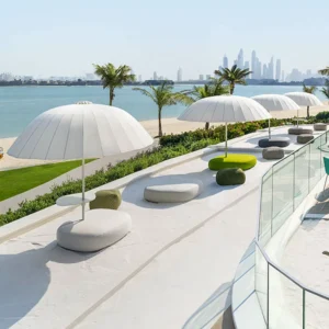 Waterfront Outdoor Umbrellas Outdoor patio umbrellas in a waterfront leisure area