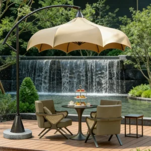 Cantilever patio umbrella with outdoor dining furniture