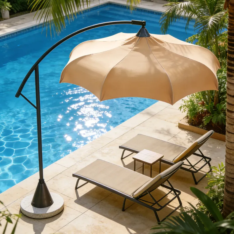 Cantilever poolside umbrella with outdoor lounge chairs