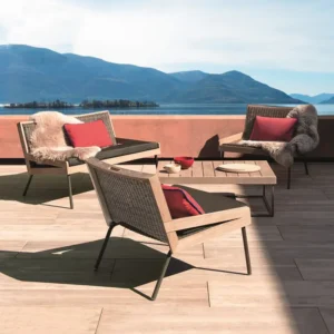 Outdoor rattan lounge chairs on a patio