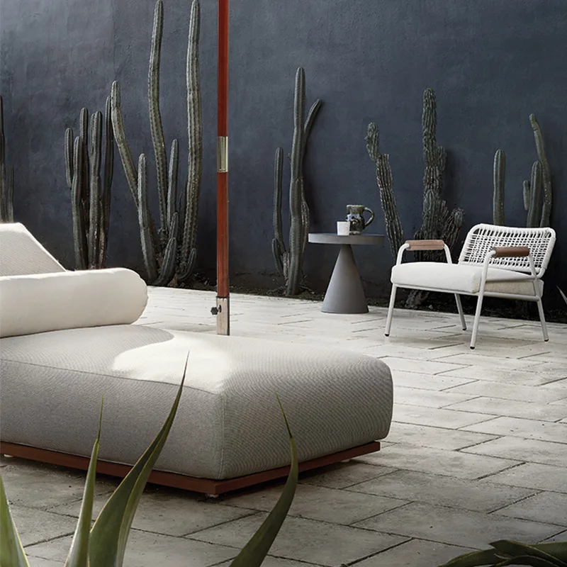 Modern Teak Sun Lounger Beige Outdoor Sun Lounger with Teak Wood Base